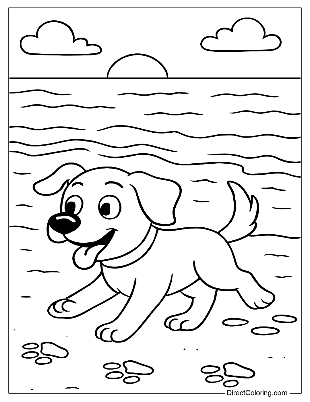 Dog Running on the Beach Coloring Page